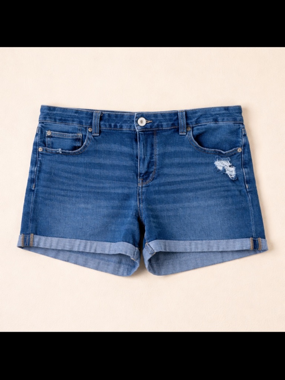 American Eagle Midi Denim Shorts Women 14 Blue Mid-Rise Cuffed Distressed Casual